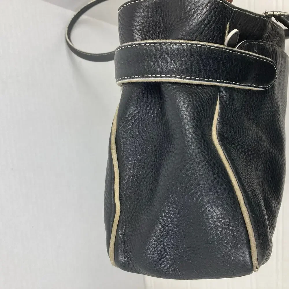 Cole Haan Village Pebbled Leather Bag Black White Trim Buckle Satchel Lined Teal